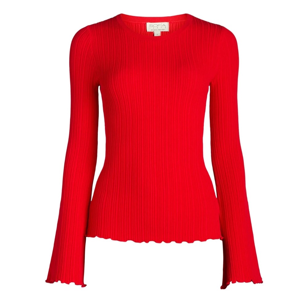 Sofia Jeans Womens Sweater Size L Goji Berry Ribbed Knit Bell Sleeve Lightweight
